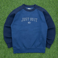 Load image into Gallery viewer, Women’s Nike Just Do It Spell Out Embroidered Small Swoosh Raglan Crewneck Navy Blue Sweatshirt - M (10-12)