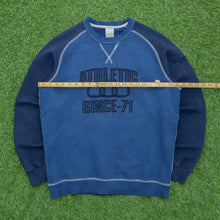 Load image into Gallery viewer, 2004 Nike Athletic 71 Spell Out Embroidered Small Swoosh Contrast Stitch Raglan Crewneck Navy Sweatshirt - M