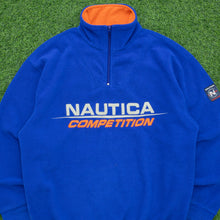 Load image into Gallery viewer, 1999 Nautica Competition USA Spell Out Embroidered Pullover 1/4 Quarter Zip Oversized NauTech Blue Orange Fleece - M/L