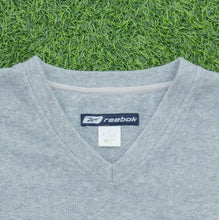 Load image into Gallery viewer, 1995 Reebok Small Spell Out Logo Embroidered V-Neck Grey Fleece Jumper - L
