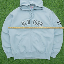 Load image into Gallery viewer, New York Yankees Spell Out Graphic MLB Majestic Light Blue Zip Up Hoodie - XL