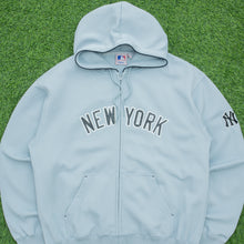 Load image into Gallery viewer, New York Yankees Spell Out Graphic MLB Majestic Light Blue Zip Up Hoodie - XL