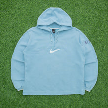 Load image into Gallery viewer, Women’s 1999 Nike Large Swoosh Sleeve Spell Out Embroidered Boxy 1/4 Quarter Zip Light Blue Hoodie - M (10-12)