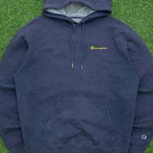 Load image into Gallery viewer, Champion Small Spell Out Double Sided Graphic Embroidered Logo Drawstring Pullover Navy Hoodie - L
