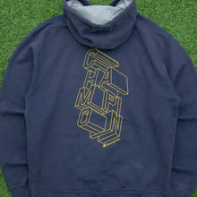 Load image into Gallery viewer, Champion Small Spell Out Double Sided Graphic Embroidered Logo Drawstring Pullover Navy Hoodie - L