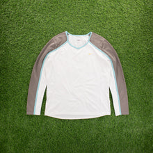 Load image into Gallery viewer, (2007) Women’s Nike Small Swoosh Embroidered Mesh Breathable White Grey V-Neck Long Sleeve Sports Top - L (12-14)