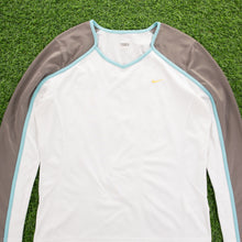 Load image into Gallery viewer, (2007) Women’s Nike Small Swoosh Embroidered Mesh Breathable White Grey V-Neck Long Sleeve Sports Top - L (12-14)