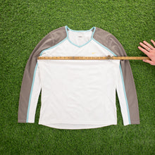 Load image into Gallery viewer, (2007) Women’s Nike Small Swoosh Embroidered Mesh Breathable White Grey V-Neck Long Sleeve Sports Top - L (12-14)