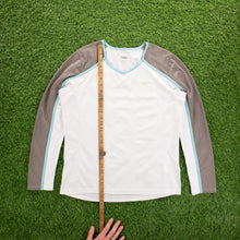Load image into Gallery viewer, (2007) Women’s Nike Small Swoosh Embroidered Mesh Breathable White Grey V-Neck Long Sleeve Sports Top - L (12-14)