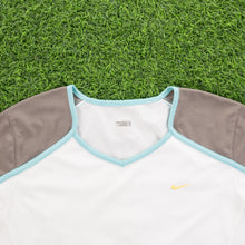 Load image into Gallery viewer, (2007) Women’s Nike Small Swoosh Embroidered Mesh Breathable White Grey V-Neck Long Sleeve Sports Top - L (12-14)