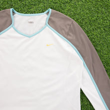 Load image into Gallery viewer, (2007) Women’s Nike Small Swoosh Embroidered Mesh Breathable White Grey V-Neck Long Sleeve Sports Top - L (12-14)