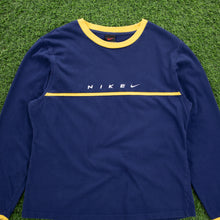 Load image into Gallery viewer, (1999) Women’s Nike Spell Out Small Swoosh Embroidered Navy Yellow Longsleeve T-Shirt - L/XL (14-18)