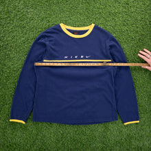 Load image into Gallery viewer, (1999) Women’s Nike Spell Out Small Swoosh Embroidered Navy Yellow Longsleeve T-Shirt - L/XL (14-18)