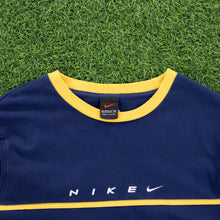 Load image into Gallery viewer, (1999) Women’s Nike Spell Out Small Swoosh Embroidered Navy Yellow Longsleeve T-Shirt - L/XL (14-18)