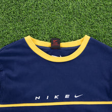 Load image into Gallery viewer, (1999) Women’s Nike Spell Out Small Swoosh Embroidered Navy Yellow Longsleeve T-Shirt - L/XL (14-18)