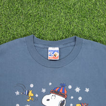 Load image into Gallery viewer, (1997) Snoopy Woodstock Peanuts Snowman ‘Winter is snow much fun’ Christmas Graphic Blue T-Shirt - L