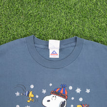 Load image into Gallery viewer, (1997) Snoopy Woodstock Peanuts Snowman ‘Winter is snow much fun’ Christmas Graphic Blue T-Shirt - L