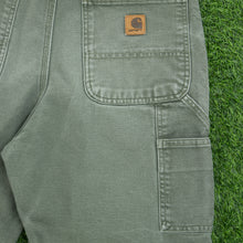 Load image into Gallery viewer, Carhartt Carpenter Workwear Medium Wash Denim Green Jort Shorts - 32”