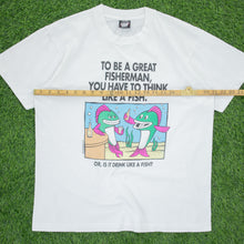 Load image into Gallery viewer, (1993) Drink Like A Fish Rein Designs ‘To Be A Great Fisherman You Have To Think Like A Fish, Or, Is It Drink Like A Fish?’ Screen Stars Joke Graphic Single Stitch T-Shirt - M/L