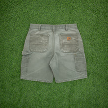 Load image into Gallery viewer, Carhartt Carpenter Distressed Workwear Medium Wash Denim Green Jort Shorts - 33”