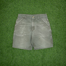 Load image into Gallery viewer, Carhartt Carpenter Distressed Workwear Medium Wash Denim Green Jort Shorts - 33”