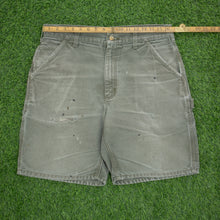 Load image into Gallery viewer, Carhartt Carpenter Distressed Workwear Medium Wash Denim Green Jort Shorts - 33”