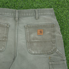 Load image into Gallery viewer, Carhartt Carpenter Distressed Workwear Medium Wash Denim Green Jort Shorts - 33”