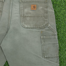 Load image into Gallery viewer, Carhartt Carpenter Distressed Workwear Medium Wash Denim Green Jort Shorts - 33”