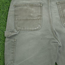Load image into Gallery viewer, Carhartt Carpenter Distressed Workwear Medium Wash Denim Green Jort Shorts - 33”