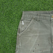 Load image into Gallery viewer, Carhartt Carpenter Distressed Workwear Medium Wash Denim Green Jort Shorts - 33”