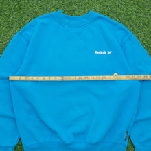 Load image into Gallery viewer, Reebok Essentials Small Spell Out Logo Embroidered Oversized Boxy Crewneck Turquoise Blue Sweatshirt - S/M