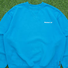 Load image into Gallery viewer, Reebok Essentials Small Spell Out Logo Embroidered Oversized Boxy Crewneck Turquoise Blue Sweatshirt - S/M