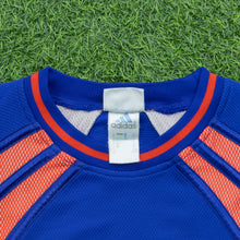 Load image into Gallery viewer, Adidas Basketball Embroidered Logo Mesh Pullover Oversized Crewneck Blue Sweatshirt - XL