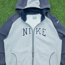 Load image into Gallery viewer, Women’s 2003 Nike Spell Out Small Swoosh Embroidered Mesh Logo Piping Zip Up Raglan Grey Navy Hoodie - L (12-14)