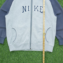 Load image into Gallery viewer, Women’s 2003 Nike Spell Out Small Swoosh Embroidered Mesh Logo Piping Zip Up Raglan Grey Navy Hoodie - L (12-14)
