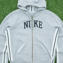 Load image into Gallery viewer, Women’s 2005 Nike Spell Out Small Swoosh Embroidered Logo Taping Zip Up Grey Hoodie - M/L (12-14)