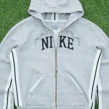 Load image into Gallery viewer, Women’s 2005 Nike Spell Out Small Swoosh Embroidered Logo Taping Zip Up Grey Hoodie - M/L (12-14)