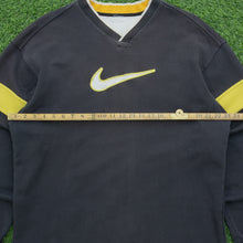 Load image into Gallery viewer, 1998 Nike Large Swoosh Embroidered Logo Varsity V-Neck Black Yellow Sweatshirt - XL