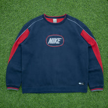 Load image into Gallery viewer, 2003 Nike Spell Out Embroidered Logo Piping Boxy Crewneck Navy Sweatshirt - L