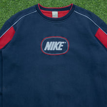 Load image into Gallery viewer, 2003 Nike Spell Out Embroidered Logo Piping Boxy Crewneck Navy Sweatshirt - L