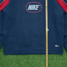 Load image into Gallery viewer, 2003 Nike Spell Out Embroidered Logo Piping Boxy Crewneck Navy Sweatshirt - L