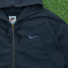 Load image into Gallery viewer, 1996 Nike Small Swoosh Embroidered Logo Drawstring Adjustable Waist Zip Up Black Hoodie - L