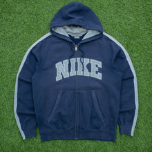 Load image into Gallery viewer, 2006 Nike Spell Out Embroidered Taping Drawstring Navy Zip Up Hoodie - M/L