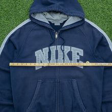Load image into Gallery viewer, 2006 Nike Spell Out Embroidered Taping Drawstring Navy Zip Up Hoodie - M/L