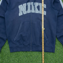 Load image into Gallery viewer, 2006 Nike Spell Out Embroidered Taping Drawstring Navy Zip Up Hoodie - M/L