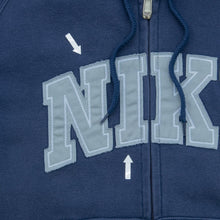 Load image into Gallery viewer, 2006 Nike Spell Out Embroidered Taping Drawstring Navy Zip Up Hoodie - M/L