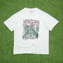 Load image into Gallery viewer, 1993 Christmas Wreck The Malls With Cows On Harley’s Harley Davidson Parody Christmas Biker Cowpyright Hanes White Graphic Single Stitch T-Shirt - L
