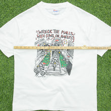 Load image into Gallery viewer, 1993 Christmas Wreck The Malls With Cows On Harley’s Harley Davidson Parody Christmas Biker Cowpyright Hanes White Graphic Single Stitch T-Shirt - L
