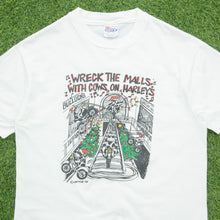 Load image into Gallery viewer, 1993 Christmas Wreck The Malls With Cows On Harley’s Harley Davidson Parody Christmas Biker Cowpyright Hanes White Graphic Single Stitch T-Shirt - L
