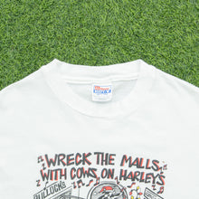 Load image into Gallery viewer, 1993 Christmas Wreck The Malls With Cows On Harley’s Harley Davidson Parody Christmas Biker Cowpyright Hanes White Graphic Single Stitch T-Shirt - L
